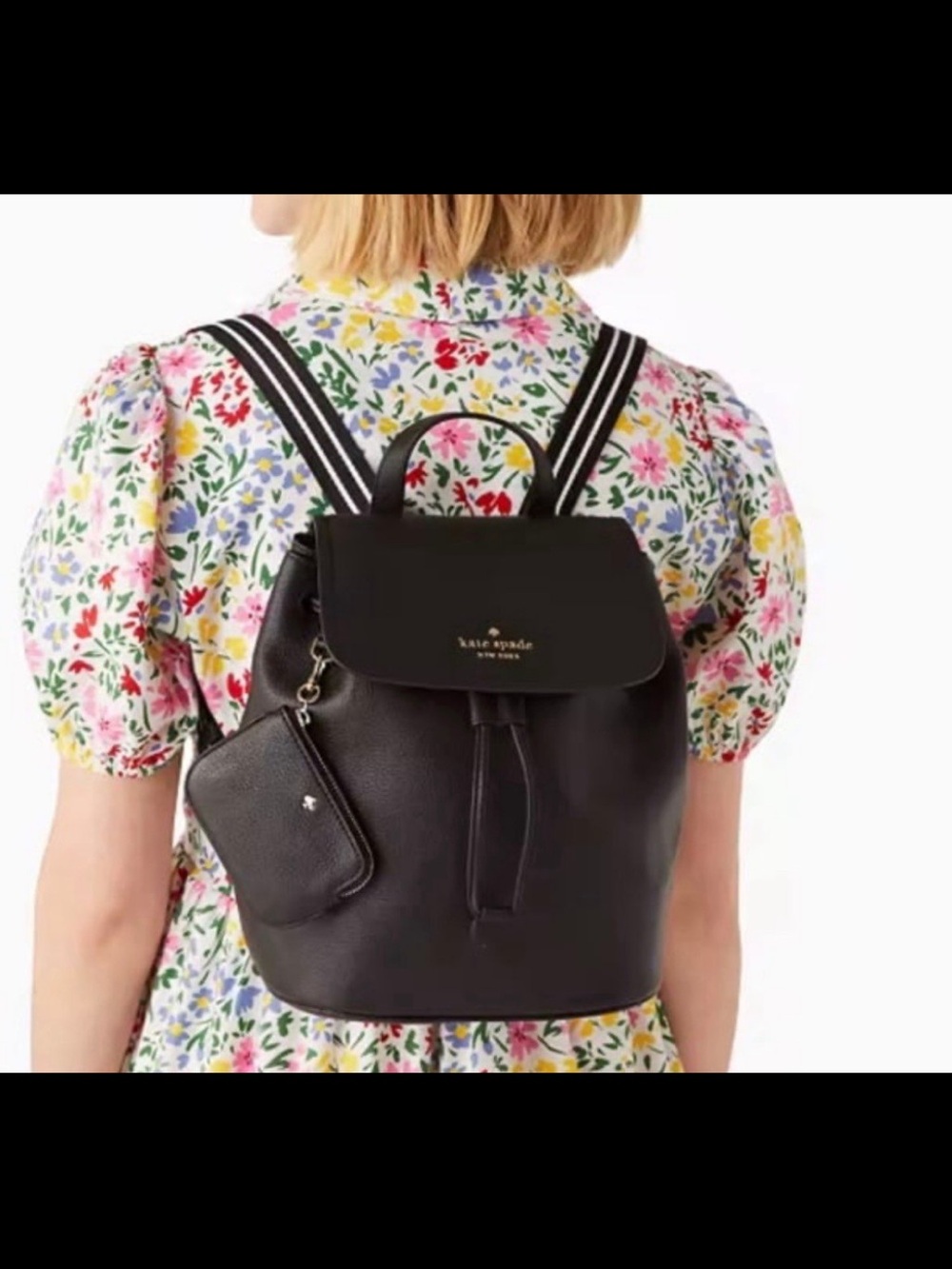 kate spade Black Pebbled Leather Drawstring Backpack with Pouch